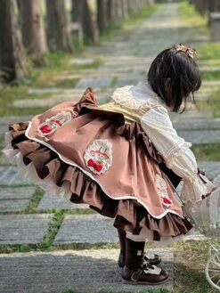 Polyester Tea Party Bows Long Sleeves Polyester Spring Dress Sweet Coffee Brown Kids' Lolita Dresses -AYA Cosplay Shop 202303071334551313393