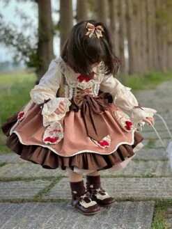 Polyester Tea Party Bows Long Sleeves Polyester Spring Dress Sweet Coffee Brown Kids' Lolita Dresses -AYA Cosplay Shop 202303071334558419177
