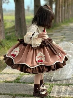 Polyester Tea Party Bows Long Sleeves Polyester Spring Dress Sweet Coffee Brown Kids' Lolita Dresses -AYA Cosplay Shop 202303071334561945146