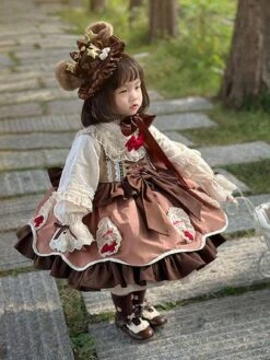 Polyester Tea Party Bows Long Sleeves Polyester Spring Dress Sweet Coffee Brown Kids' Lolita Dresses -AYA Cosplay Shop 202303071334565056206