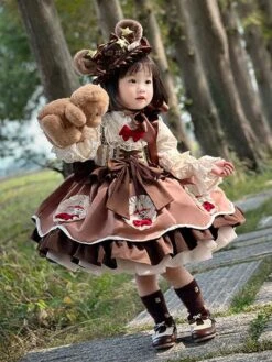 Polyester Tea Party Bows Long Sleeves Polyester Spring Dress Sweet Coffee Brown Kids' Lolita Dresses -AYA Cosplay Shop 202303071334582966954