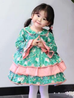 Polyester Tea Party Bows Long Sleeves Polyester Fall Dress Floral Print ROCOCO Style Green Kids' Lolita Dresses