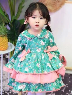 Polyester Tea Party Bows Long Sleeves Polyester Fall Dress Floral Print ROCOCO Style Green Kids' Lolita Dresses -AYA Cosplay Shop 202303071335466447215