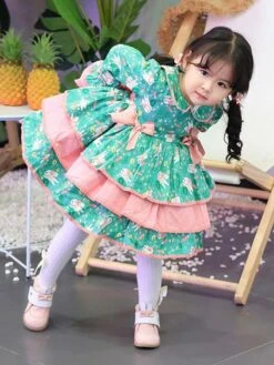 Polyester Tea Party Bows Long Sleeves Polyester Fall Dress Floral Print ROCOCO Style Green Kids' Lolita Dresses -AYA Cosplay Shop 202303071335469639658