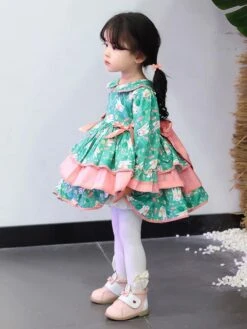 Polyester Tea Party Bows Long Sleeves Polyester Fall Dress Floral Print ROCOCO Style Green Kids' Lolita Dresses -AYA Cosplay Shop 20230307133547279600