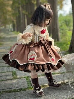 Polyester Tea Party Bows Long Sleeves Polyester Spring Dress Sweet Coffee Brown Kids' Lolita Dresses