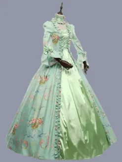 Green Retro Costumes Ruffles Polyester Floral Print Dress Marie Antoinette Costume Women's Retro Tunic Party Prom Dress -AYA Cosplay Shop 202303081032067348204