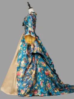 Blue Retro Victorian Dress Costumes Women's Marie Antoinette Costume Floral Print Ruffles Lace Polyester Tunic 1800s Dress -AYA Cosplay Shop 202303081032088563922