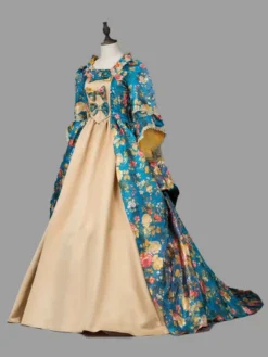 Blue Retro Victorian Dress Costumes Women's Marie Antoinette Costume Floral Print Ruffles Lace Polyester Tunic 1800s Dress -AYA Cosplay Shop 202303081032091702339