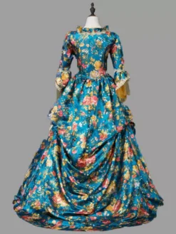 Blue Retro Victorian Dress Costumes Women's Marie Antoinette Costume Floral Print Ruffles Lace Polyester Tunic 1800s Dress -AYA Cosplay Shop 202303081032134902032