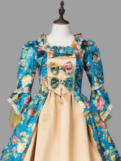 Blue Retro Victorian Dress Costumes Women's Marie Antoinette Costume Floral Print Ruffles Lace Polyester Tunic 1800s Dress -AYA Cosplay Shop 202303081032138006216
