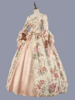 Pink Retro Costumes Women's Floral Print Lace Ruffles Polyester Marie Antoinette Costume Tunic Dress Retro 18th Century Costume -AYA Cosplay Shop 202303081032207412030