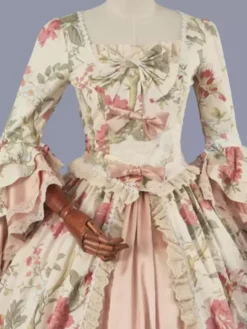 Pink Retro Costumes Women's Floral Print Lace Ruffles Polyester Marie Antoinette Costume Tunic Dress Retro 18th Century Costume -AYA Cosplay Shop 202303081032216431823