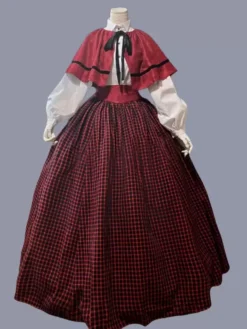 Red Retro Costumes Women's Plaid Ruffles Polyester Marie Antoinette Costume Tunic Dress Cloak Retro Party Prom Dress