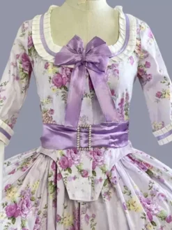 Purple Retro Costumes Bows Polyester Floral Print Dress Women's Retro Marie Antoinette Costume Tunic Party Prom Dress -AYA Cosplay Shop 202303081032331454174