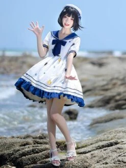 【umbrella Skirt】Sweet Lolita Dress Polyester Short Sleeves Dress Navy Style Lolita Dress -AYA Cosplay Shop 202303160946088525724