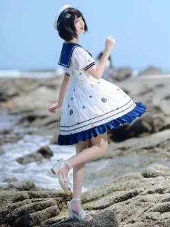 【umbrella Skirt】Sweet Lolita Dress Polyester Short Sleeves Dress Navy Style Lolita Dress -AYA Cosplay Shop 202303160946091602030