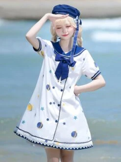 【Straight Skirt】Sweet Lolita Dress Polyester Short Sleeves Navy Style Dress Lolita Dress -AYA Cosplay Shop 202303160946117253598