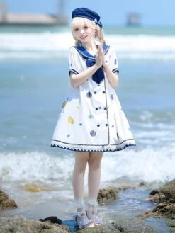 【Straight Skirt】Sweet Lolita Dress Polyester Short Sleeves Navy Style Dress Lolita Dress -AYA Cosplay Shop 202303160946120155565