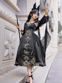 Classical Lolita Dress Polyester Long Sleeves Lolita Dresses Black Gold -AYA Cosplay Shop 20230320155111460345