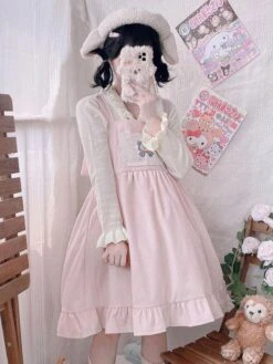 Sweet Lolita Dress Polyester Sleeveless Bows Jumper Dress -AYA Cosplay Shop 202304041823377919624
