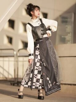 Classical Lolita Dress Polyester Bows Long Sleeves Lolita Dresses Checkerboard Pattern Black -AYA Cosplay Shop 202304171721098686671