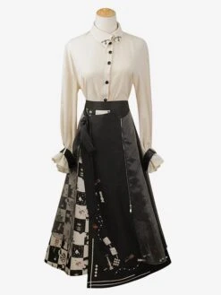 Classical Lolita Dress Polyester Bows Long Sleeves Lolita Dresses Checkerboard Pattern Black -AYA Cosplay Shop 202304171721104608197