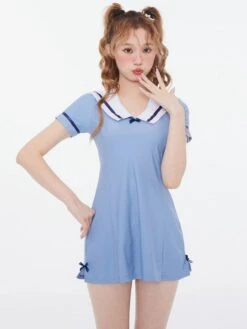 Academic Lolita Swimsuits Deep Blue Bows Short Sleeves Dress Pants