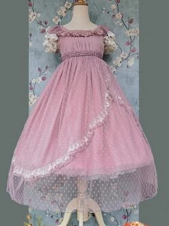 Classical Lolita Dress Bright Silk Chiffon Short Sleeves Light Apricot Dresses -AYA Cosplay Shop 202305241524567978894