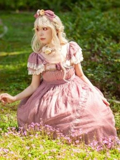Classical Lolita Dress Bright Silk Chiffon Short Sleeves Light Apricot Dresses -AYA Cosplay Shop 202305241524570907744