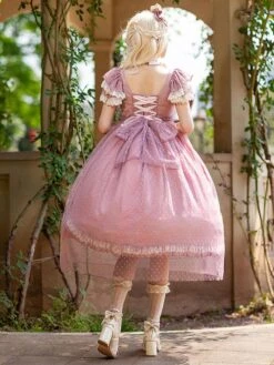 Classical Lolita Dress Bright Silk Chiffon Short Sleeves Light Apricot Dresses -AYA Cosplay Shop 202305241524574053110