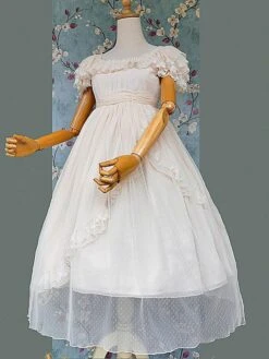Classical Lolita Dress Bright Silk Chiffon Short Sleeves Light Apricot Dresses -AYA Cosplay Shop 202305241524583465603