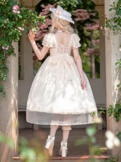 Classical Lolita Dress Bright Silk Chiffon Short Sleeves Light Apricot Dresses -AYA Cosplay Shop 202305241524586322772