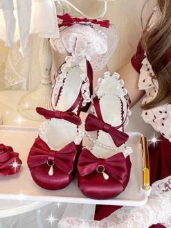 Lolita Wedding Dress Lolita Sandals Pink Bows Ruffles Elastic Fabric Round Toe Lolita Summer Shoes -AYA Cosplay Shop 202305301337216414623