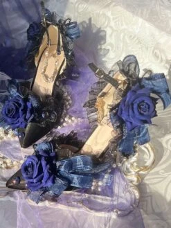 Lolita Wedding Dress Lolita Sandals Bows Flowers Pearls Pointed Toe Elastic Fabric Deep Blue Lolita Summer Shoes -AYA Cosplay Shop 202305301337288431386