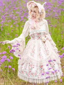 Classical Lolita Dress Cotton Sleeveless Floral Print Lolita Dresses Light Apricot -AYA Cosplay Shop 202305311356211281701