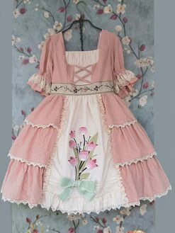 Classical Lolita Dress Cotton Ruffles Lolita Dresses Short Sleeves Floral Print Sage -AYA Cosplay Shop 202306091602276277501