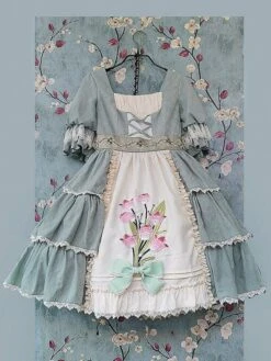 Classical Lolita Dress Cotton Ruffles Lolita Dresses Short Sleeves Floral Print Sage -AYA Cosplay Shop 202306091602279263297