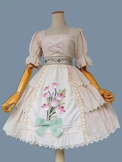 Classical Lolita Dress Cotton Ruffles Lolita Dresses Short Sleeves Floral Print Sage -AYA Cosplay Shop 202306091602285953241