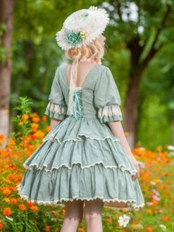Classical Lolita Dress Cotton Ruffles Lolita Dresses Short Sleeves Floral Print Sage -AYA Cosplay Shop 202306091602296061600