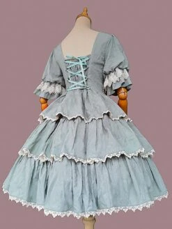 Classical Lolita Dress Cotton Ruffles Lolita Dresses Short Sleeves Floral Print Sage -AYA Cosplay Shop 2023060916023026277