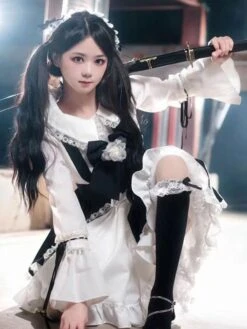 Black Maid Lolita Dresses Ruffles Double Lines White Apron Lolita Dress -AYA Cosplay Shop 202307051738235903999