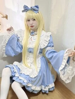 Maid Lolita Dress Polyester Long Sleeves Blue Lolita Dress -AYA Cosplay Shop 202307051738435354043