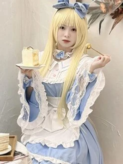 Maid Lolita Dress Polyester Long Sleeves Blue Lolita Dress -AYA Cosplay Shop 202307051738442613529