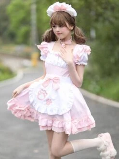 Maid Lolita Dresses Ruffles Bows Lace Short Sleeves Lolita Dress -AYA Cosplay Shop 202307051739126755750
