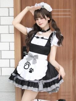 Maid Lolita Dresses Ruffles Bows Lace Short Sleeves Lolita Dress -AYA Cosplay Shop 202307051739150491825