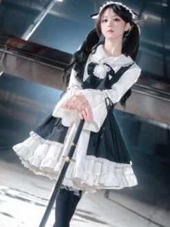 Black Maid Lolita Dresses Ruffles Double Lines White Apron Lolita Dress -AYA Cosplay Shop 202307051741029249155