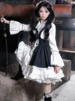 Black Maid Lolita Dresses Ruffles Double Lines White Apron Lolita Dress -AYA Cosplay Shop 20230705174103219600