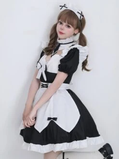 Maid Lolita Dresses Ruffles Lace Bandage Bows Black Lolita Dress -AYA Cosplay Shop 20230705174538727494