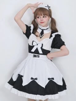 Maid Lolita Dresses Ruffles Lace Bandage Bows Black Lolita Dress -AYA Cosplay Shop 202307051745390597787